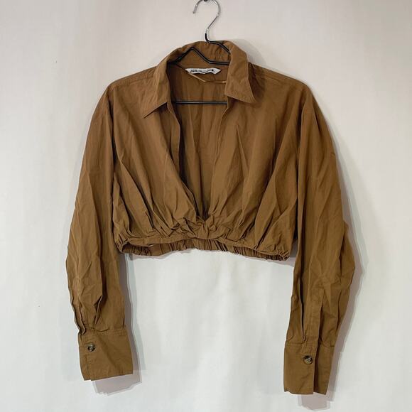Zara Tops - Zara Brown Crop Top Womens Large Collar V-Neck Long Sleeves Shirt Blouse Ladies